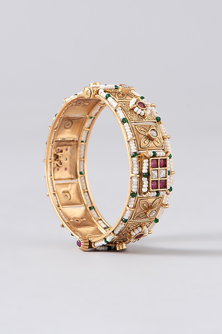 Gold Finish Kundan Polki & Red Synthetic Stone Bangles (Set Of 2) by VASTRAA Jewellery at Pernia's Pop Up Shop